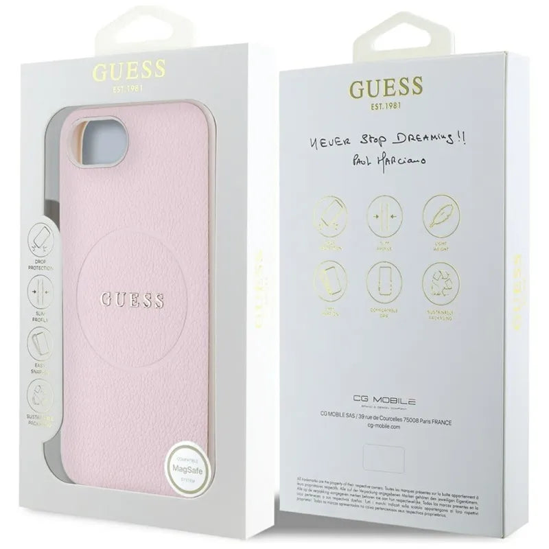 Guess Grained Ring MagSafe – dėklas iPhone 16e telefonui (rožinis)
