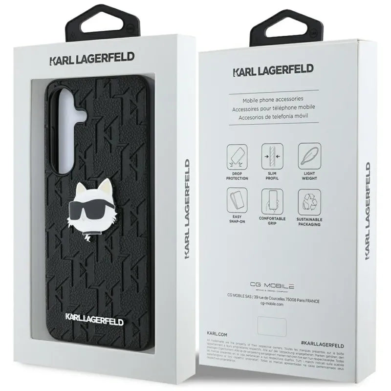 Karl Lagerfeld „Leather Monogram Pin Logo Choupette Head“ dėklas, skirtas Samsung Galaxy S25+ (juodas)