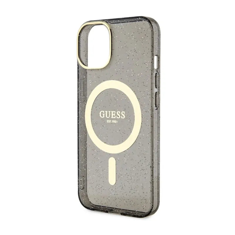 Guess Glitter Gold MagSafe - Dėklas iPhone 14 (Juodas)
