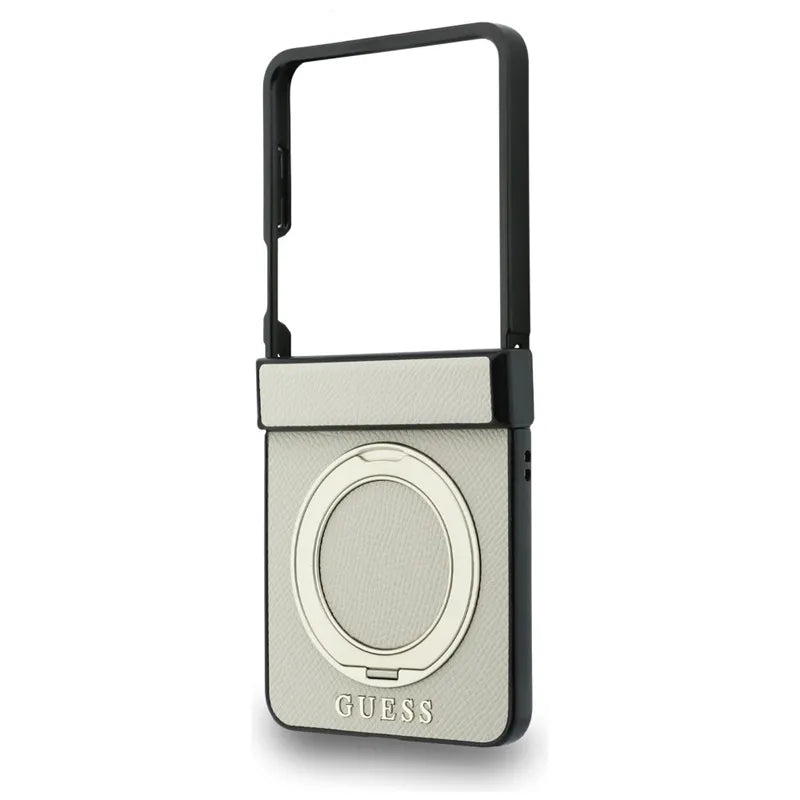 Guess Magnetic Ring Stand Grained Classic Logo MagSafe – Samsung Galaxy Z Flip 8 dėklas (smėlio spalvos)