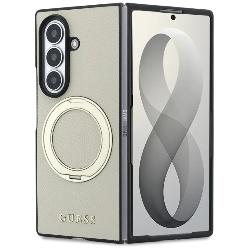 Guess Magnetic Ring Stand Grained Classic Logo MagSafe – „Samsung Galaxy Z Fold 8 Ultra“ dėklas (smėlio spalvos)
