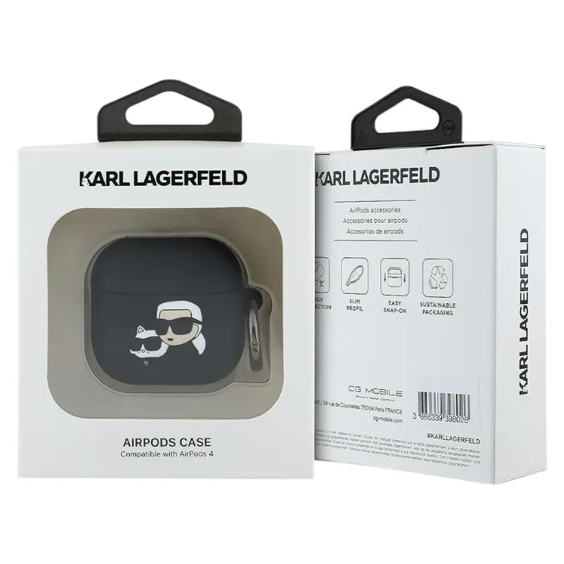 Karl Lagerfeld Silicone Karl & Choupette Head 3D – AirPods 4 dėklas (juodas)