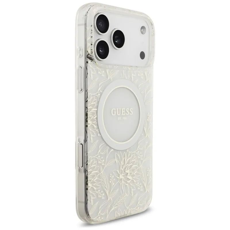 Guess IML Flowers Electro Pearl Strap MagSafe – Dėklas iPhone 17 Pro Max (baltas)