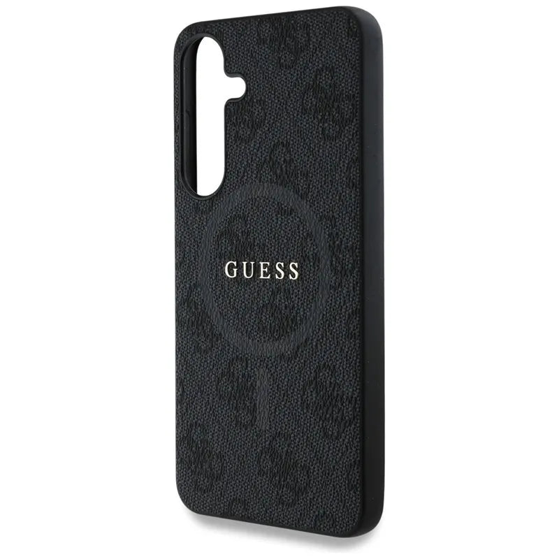 Guess Leather 4G Colored Ring Classic Logo MagSafe – dėklas Samsung Galaxy S25+ (juodas)
