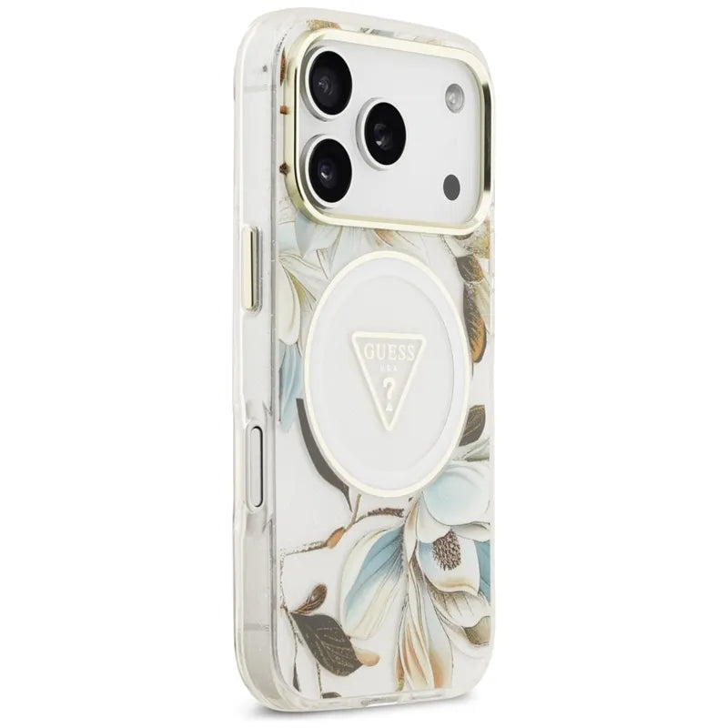Guess IML Glitter Flowers Triangle MagSafe – dėklas iPhone 17 Pro (baltas)