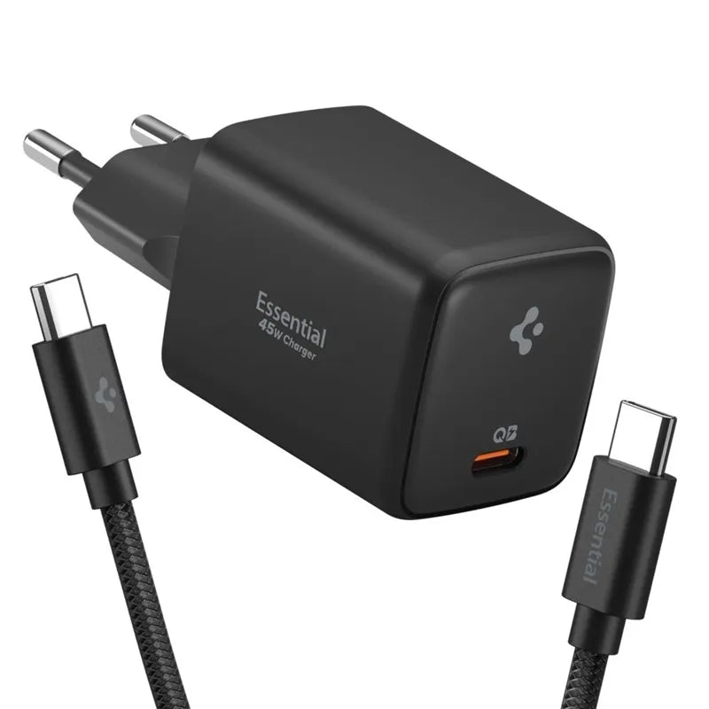 „Spigen EE451EU Essential GaN Pro“ – USB-C PD PPS 45 W sieninis įkroviklis + 1 m USB-C laidas (juodas)
