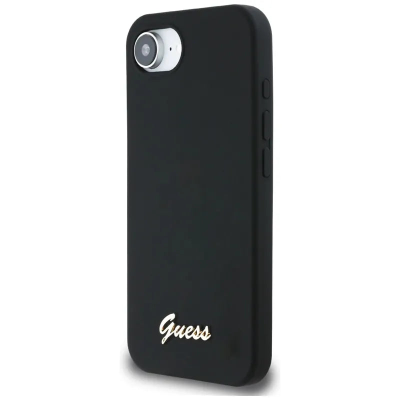 Guess Silicone Script Metal Logo MagSafe – Dėklas, skirtas iPhone 16e (juodas)
