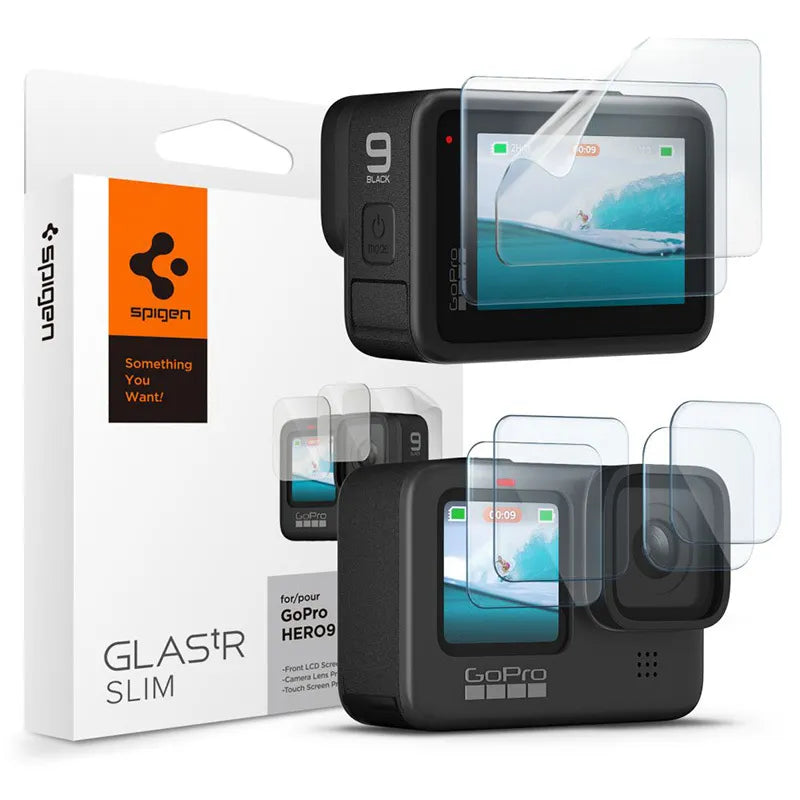 Spigen Glas.TR Slim + Film 2-Set – stiklo ir plėvelės rinkinys, skirtas GoPro Hero 12 / 11 / 10 / 9 (2 rinkiniai)