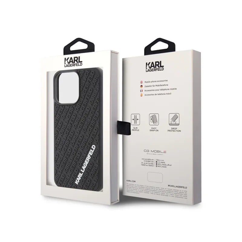 Karl Lagerfeld 3D Rubber Multi Logo dėklas iPhone 15 Pro Max telefonui (juodas)