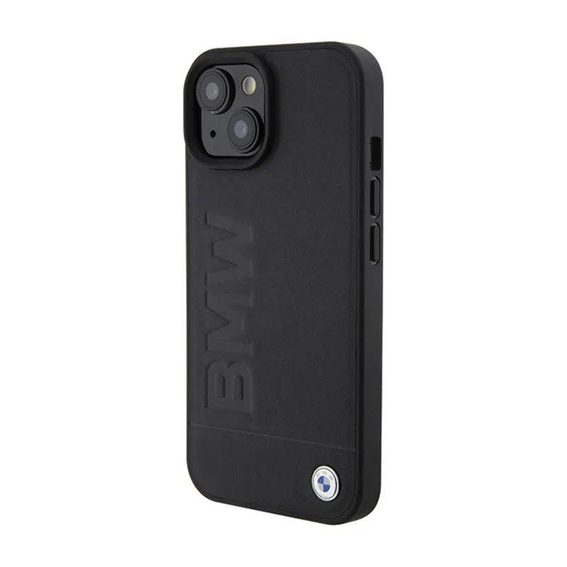 BMW Leather Hot Stamp MagSafe – dėklas iPhone 15 Plus (juodas)
