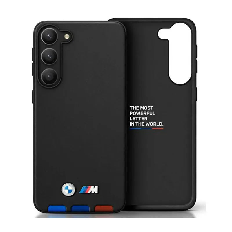 BMW Leather Hot Stamp Tricolor – dėklas Samsung Galaxy A54 5G telefonui (juodas)