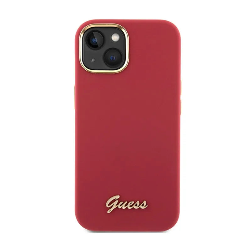 Guess Silicone Script Metal Logo & Frame dėklas iPhone 15 telefonui (purpurinis)