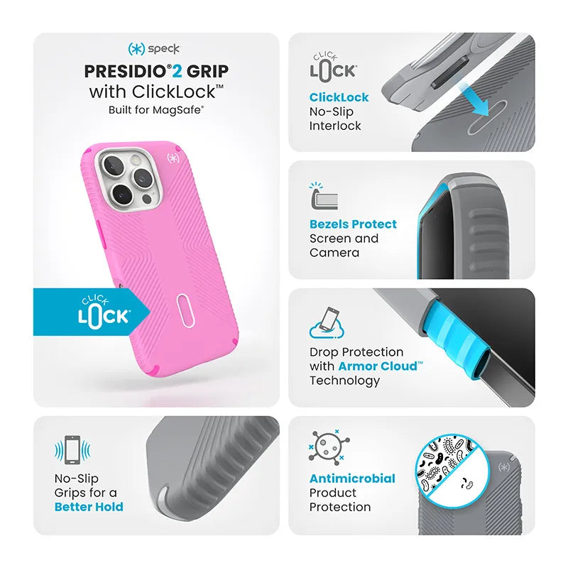 Speck Presidio2 Grip ClickLock & MagSafe dėklas - iPhone 16 Pro (True Pink / Shocking Pink / White)