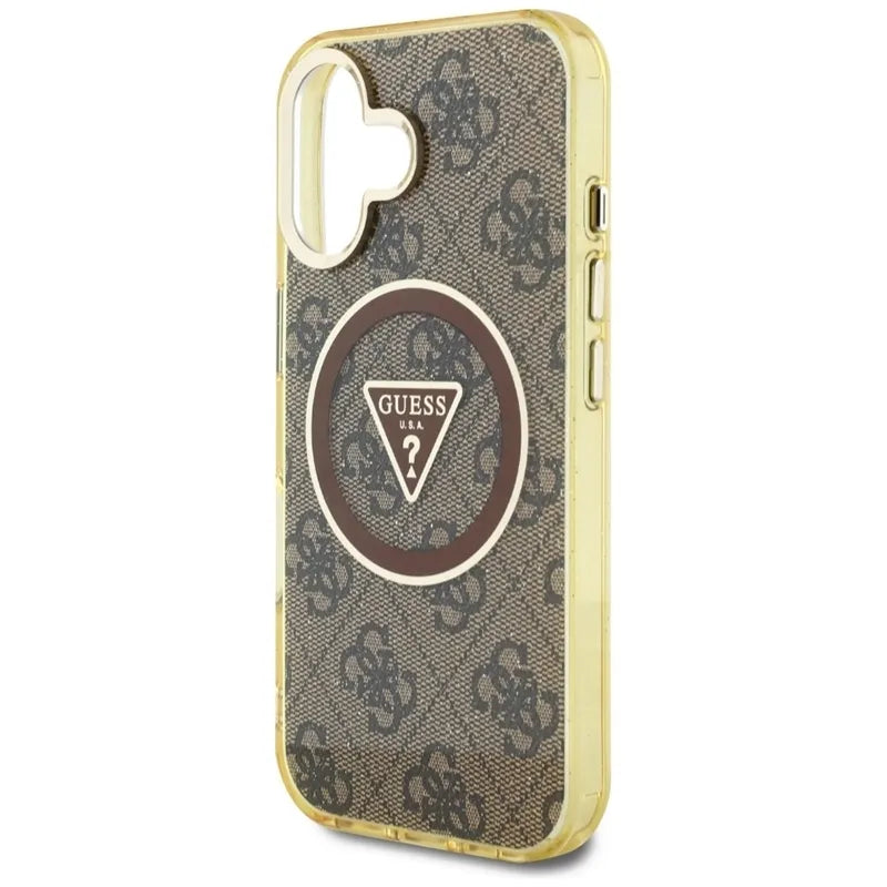 Guess IML Metal Glitter 4G Circle Triangle MagSafe – Dėklas iPhone 16 (rudas)
