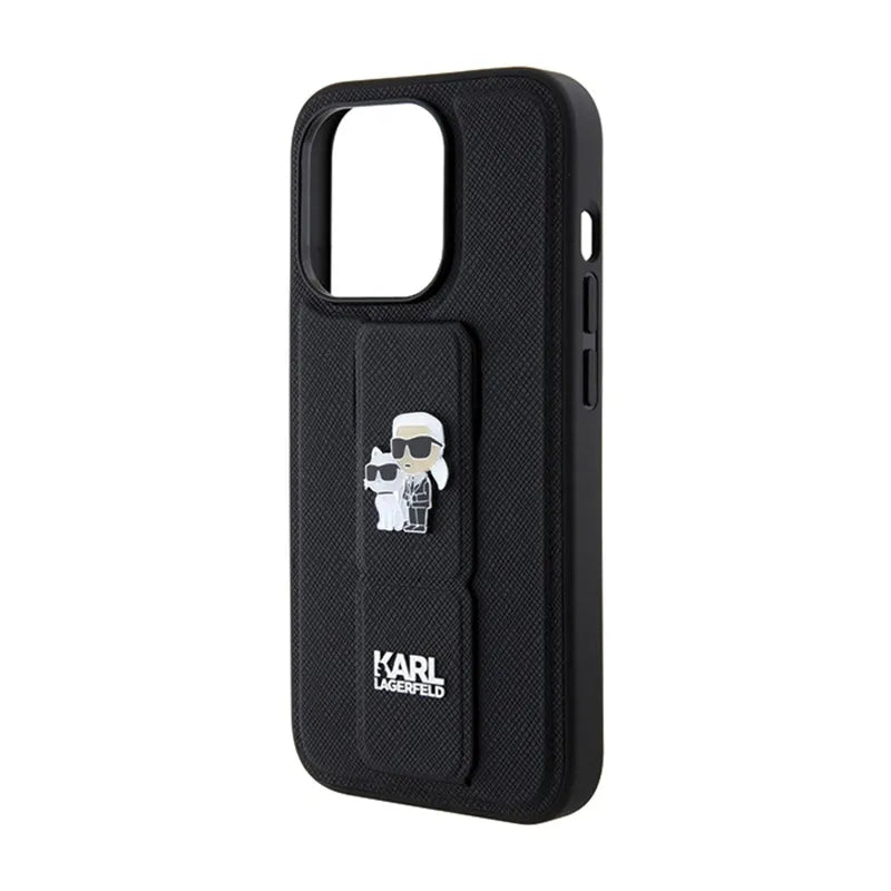 Karl Lagerfeld Gripstand Saffiano Karl & Choupette Pins dėklas, skirtas iPhone 15 Pro (juodas)