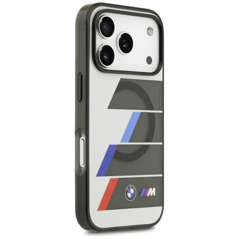 BMW M IML Metal Buttons Tricolor Lines MagSafe – dėklas iPhone 17 Pro (antracitas)