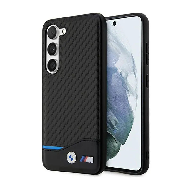 BMW Leather Carbon Blue Line – dėklas Samsung Galaxy S23+ (juodas)
