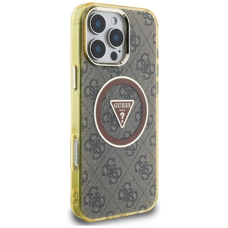 Guess IML Metal Glitter 4G Circle Triangle MagSafe – dėklas, skirtas iPhone 16 Pro Max (rudos spalvos)