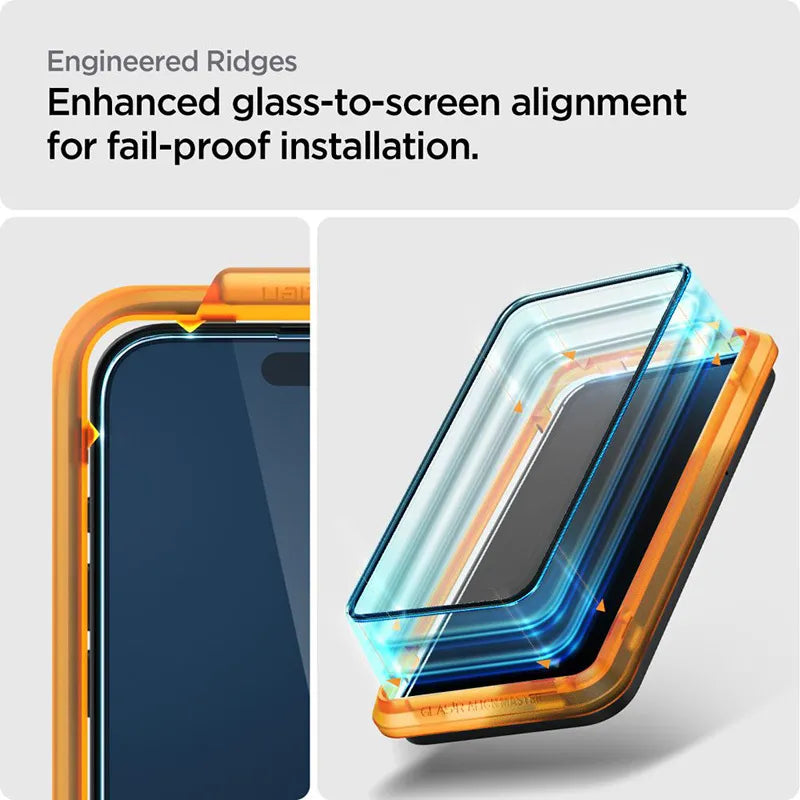 Spigen Alm Glass FC 2-Pack – Grūdintas stiklas, skirtas iPhone 15, 2 vnt. (juodas rėmelis)