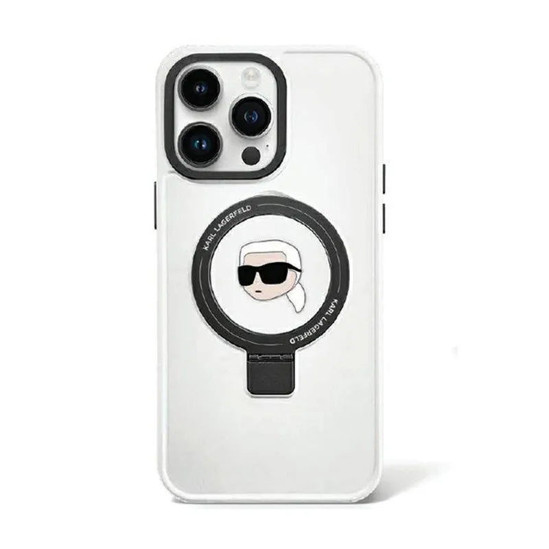Karl Lagerfeld Ring Stand Karl Head MagSafe dėklas - iPhone 15 Pro Max (baltas)