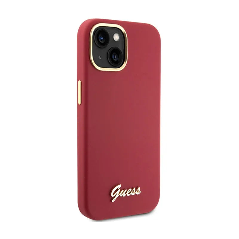 Guess Silicone Script Metal Logo & Frame dėklas iPhone 15 telefonui (purpurinis)