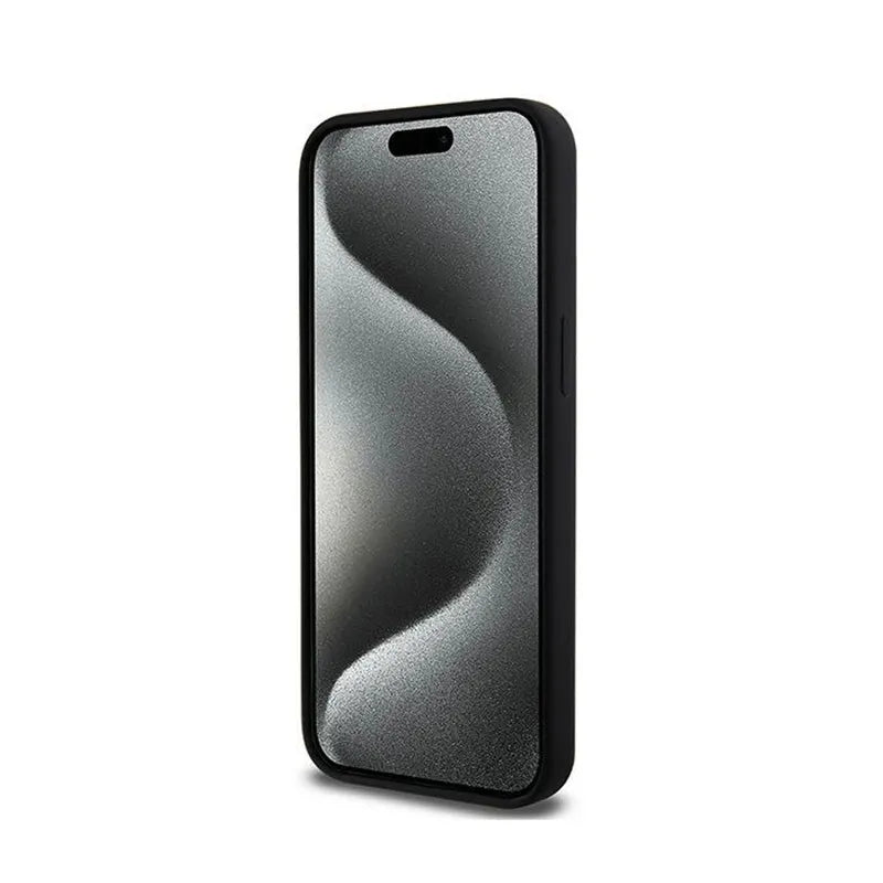 DKNY Liquid Silicone White Printed Logo MagSafe – dėklas iPhone 15 Pro Max (juodas)