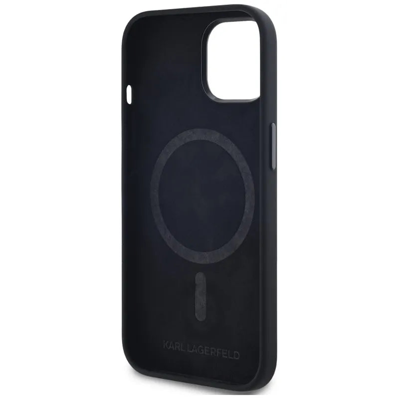 Karl Lagerfeld Silicone Shadow Metal Initial MagSafe – dėklas iPhone 15 (juodas)