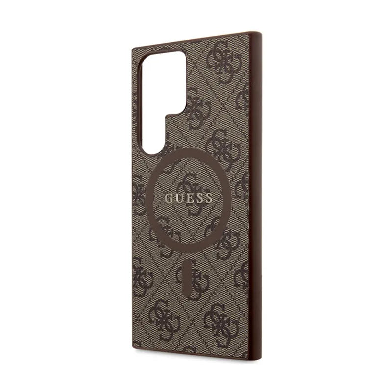 Guess 4G Collection Leather Metal Logo MagSafe – dėklas Samsung Galaxy S24 Ultra (rudos spalvos)