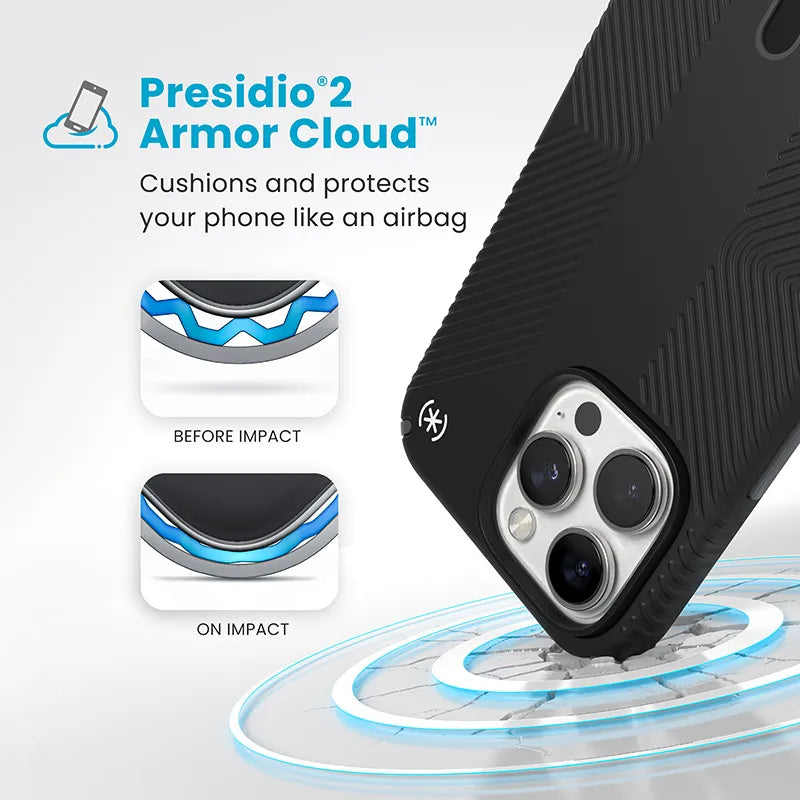 Speck Presidio2 Grip ClickLock & MagSafe – iPhone 16 Pro Max dėklas (juodas / skalūno pilkas / baltas)