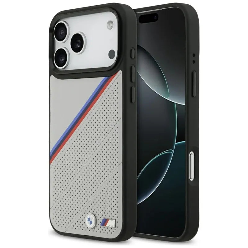 BMW M Tricolor Metal Logo MagSafe – iPhone 17 Pro Max dėklas (pilkas)