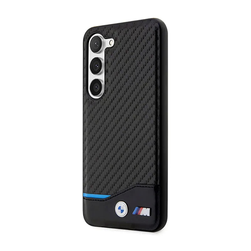 BMW Leather Carbon Blue Line – dėklas Samsung Galaxy S23+ (juodas)