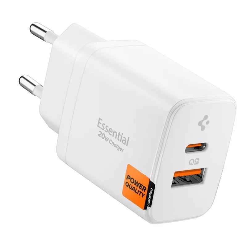 Spigen Essential EE202EU GaN Pro – USB-C + USB-A 20W sieninis įkroviklis (baltas)