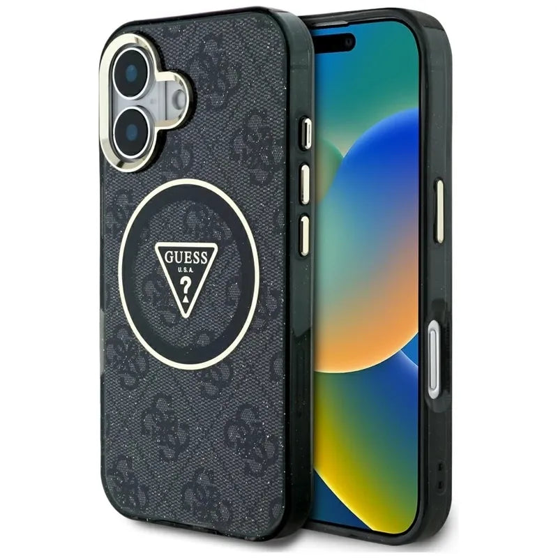 Guess IML Metal Glitter 4G Circle Triangle MagSafe – dėklas iPhone 16 (juodas)
