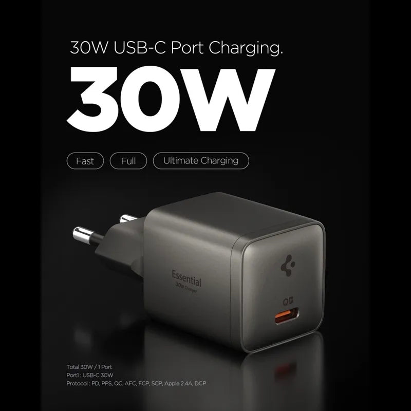 Spigen Essential EE301EU GaN - USB-C PD PPS 30W sieninis įkroviklis (tamsiai pilkas)
