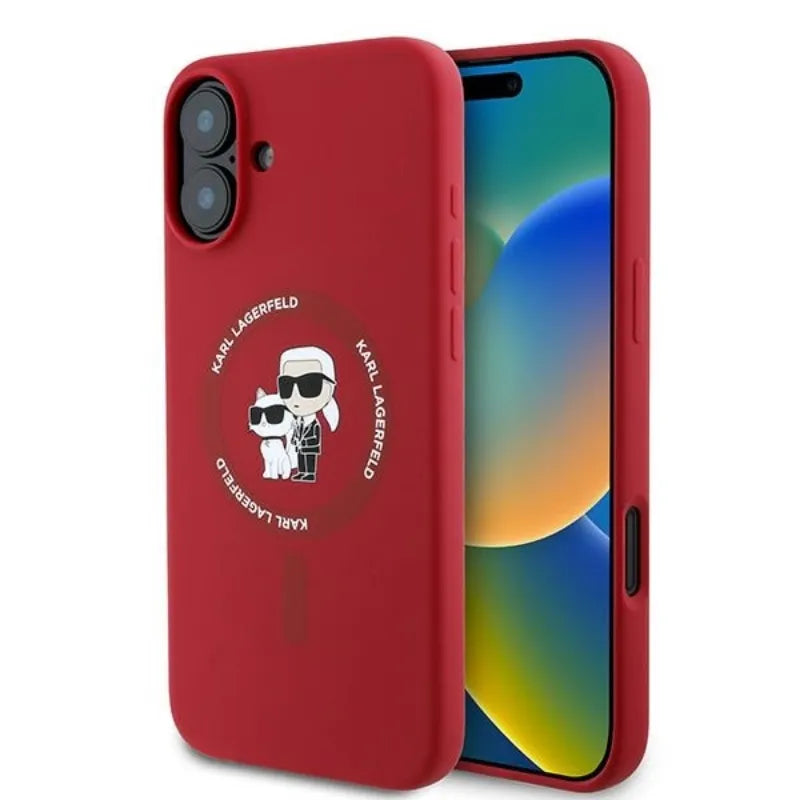Karl Lagerfeld Silicone Karl & Choupette Ring MagSafe – dėklas iPhone 16 Plus (raudonas)