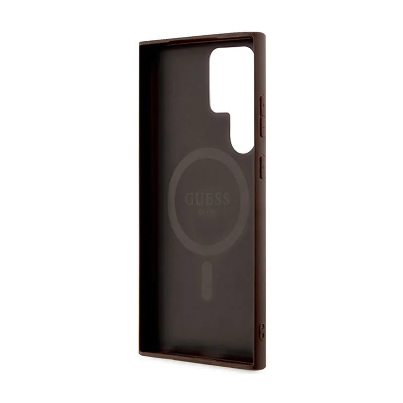 Guess 4G Collection Leather Metal Logo MagSafe – dėklas Samsung Galaxy S24 Ultra (rudos spalvos)