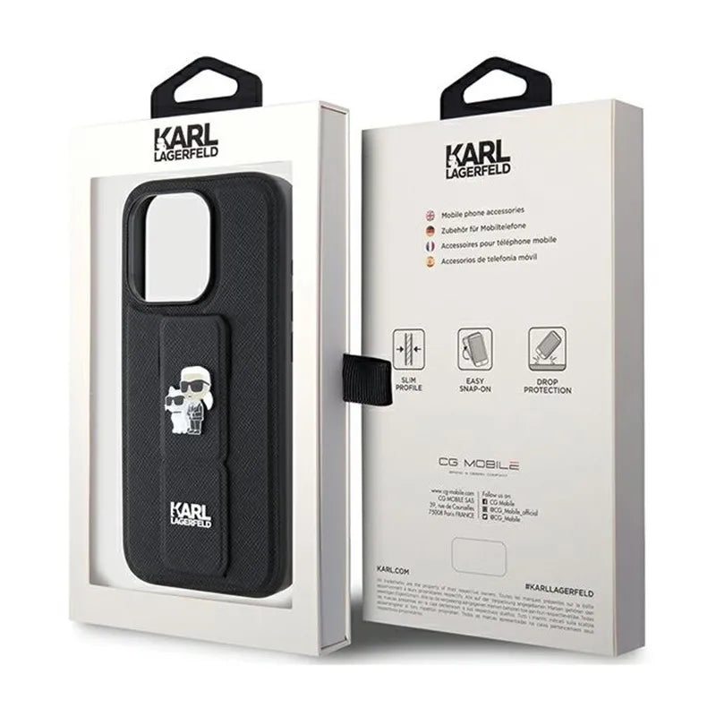 Karl Lagerfeld Gripstand Saffiano Karl & Choupette Pins dėklas, skirtas iPhone 15 Pro (juodas)