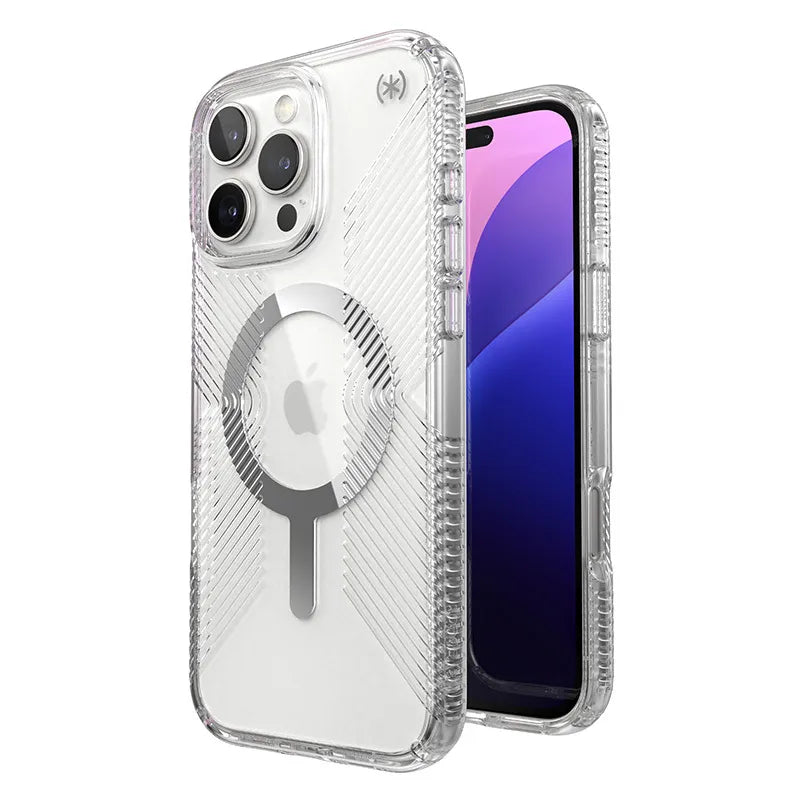 Speck Presidio Perfect-Clear Grip MagSafe – dėklas iPhone 16 Pro Max (skaidrus / chromuota apdaila / Serene Silver)