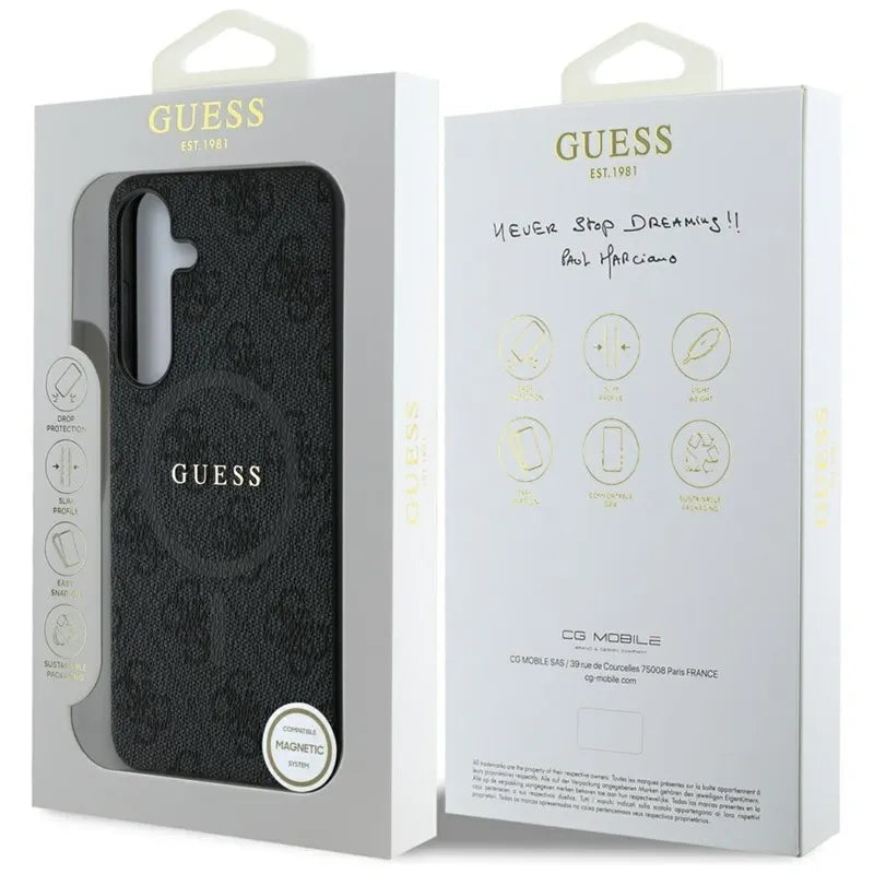 Guess Leather 4G Colored Ring Classic Logo MagSafe – dėklas Samsung Galaxy S25+ (juodas)