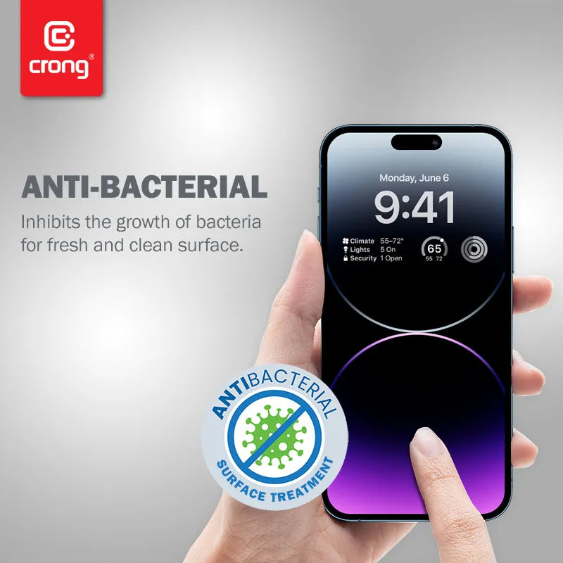 Crong Anti-Bacterial 3D Armor Glass – 9H grūdintas stiklas visam ekranui iPhone 14 Pro Max + montavimo rėmelis