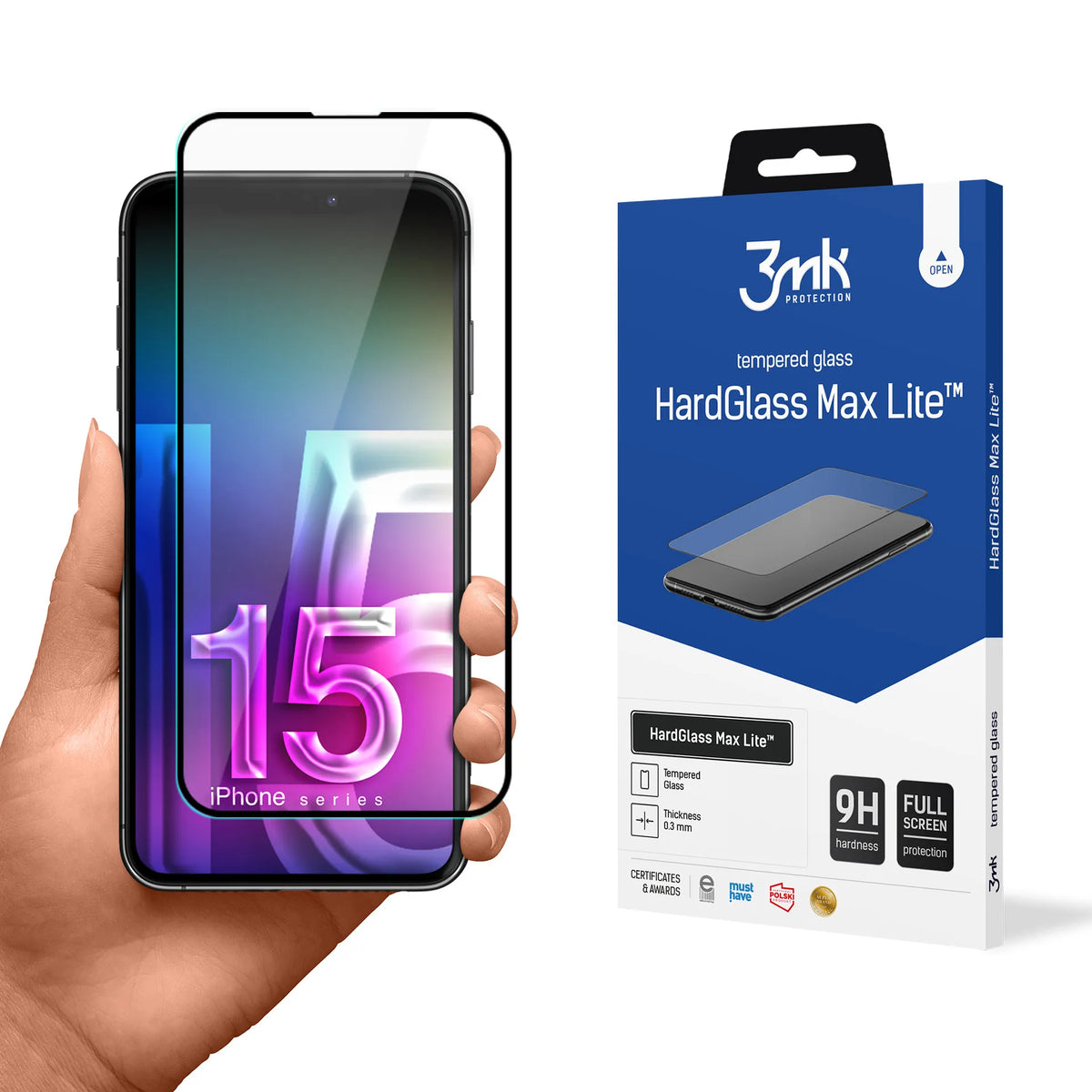 3mk HardGlass Max Lite – grūdintas stiklas iPhone 15 telefonui (juodas)