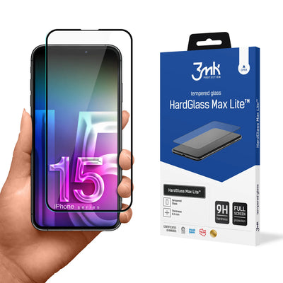 3mk HardGlass Max Lite – grūdintas stiklas iPhone 15 telefonui (juodas)