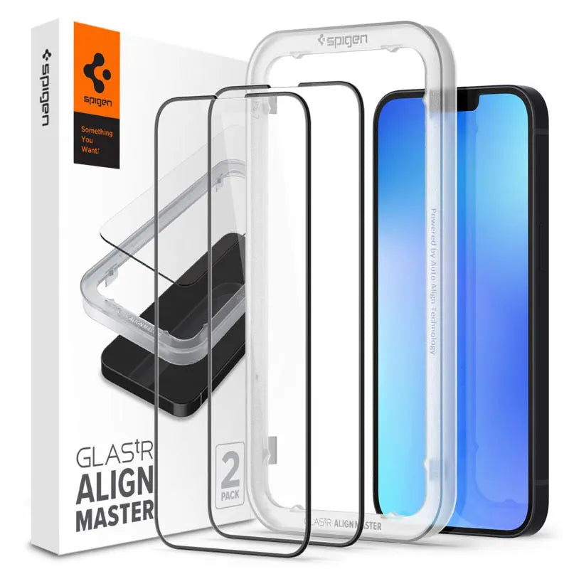 Spigen Alm Glass FC 2-Pack – grūdintas stiklas, skirtas iPhone 17e / 16e / 14 / 13 / 13 Pro, 2 vnt. (juodas rėmelis)