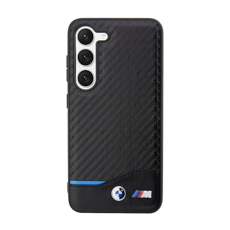 BMW Leather Carbon Blue Line – dėklas Samsung Galaxy S23+ (juodas)