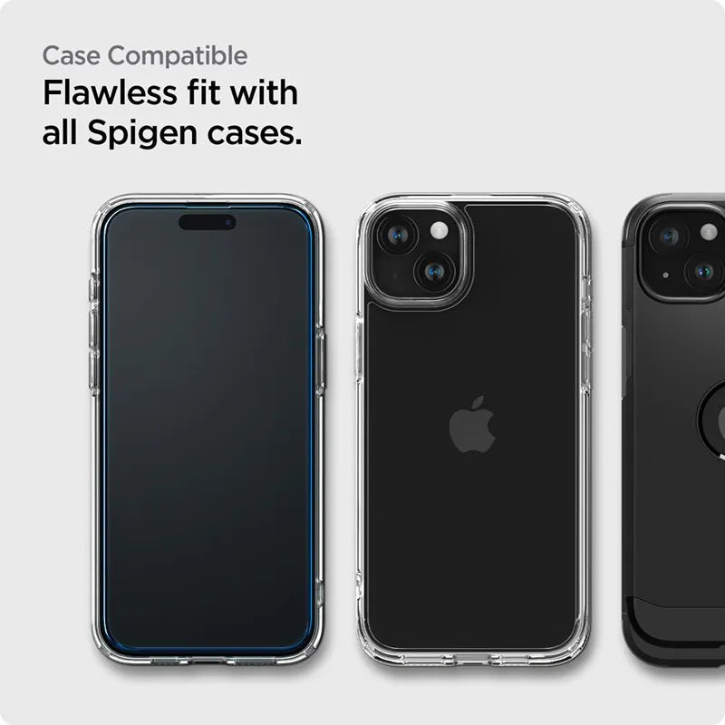 Spigen Alm Glass FC 2-Pack – Grūdintas stiklas, skirtas iPhone 15, 2 vnt. (juodas rėmelis)