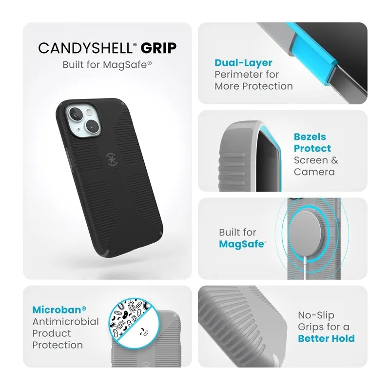 Speck Candyshell Grip MagSafe – dėklas, skirtas iPhone 17e / 16e / 15 / 14 / 13 (juodas / skalūno pilkas)