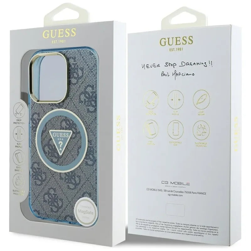 Guess IML Metal Glitter 4G Circle Triangle MagSafe – Dėklas iPhone 16 Pro (mėlynas)