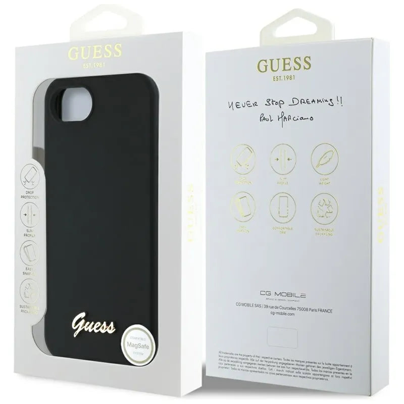 Guess Silicone Script Metal Logo MagSafe – Dėklas, skirtas iPhone 16e (juodas)