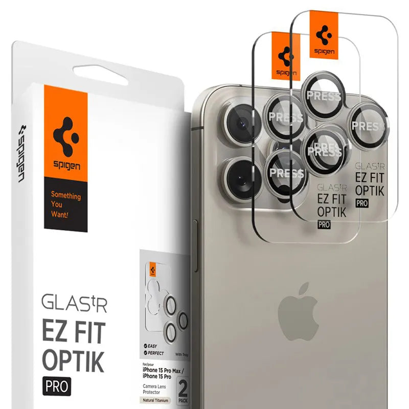 Spigen Optik Pro GLAS.TR EZ Fit kameros apsauga 2 vnt. pakuotė - objektyvo apsauginis stiklas, skirtas iPhone 17 Pro / 17 Pro Max / iPhone 15 Pro / 15 Pro Max / iPhone 14 Pro / 14