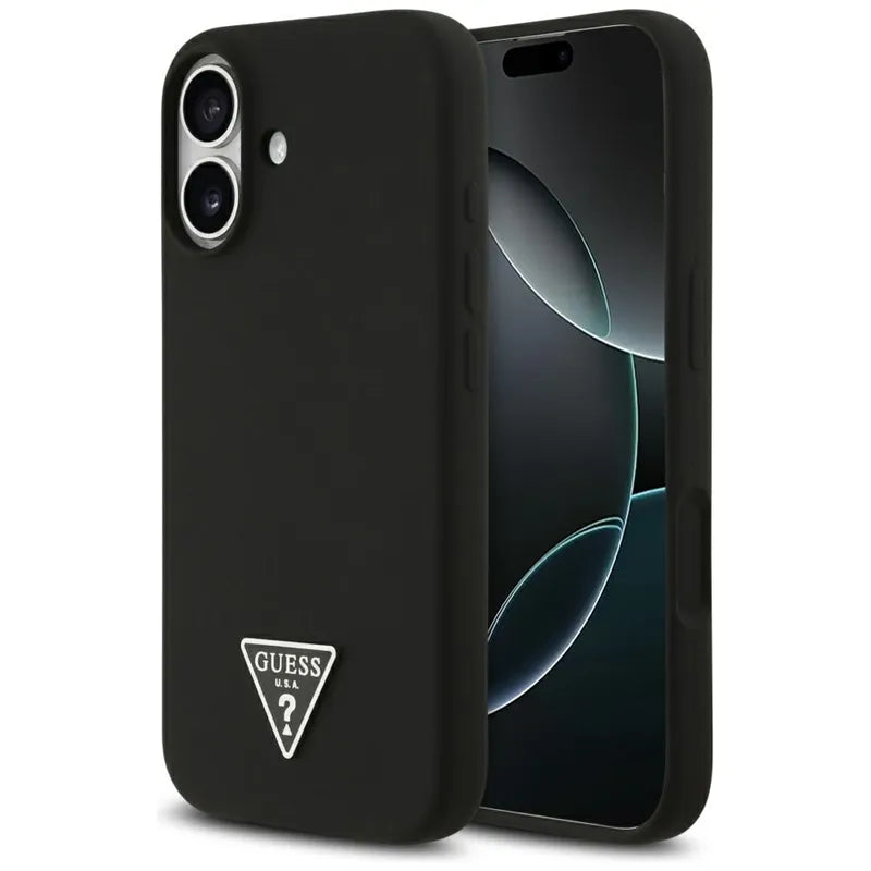 Guess Silicone Triangle Logo MagSafe – dėklas iPhone 17 (juodas)